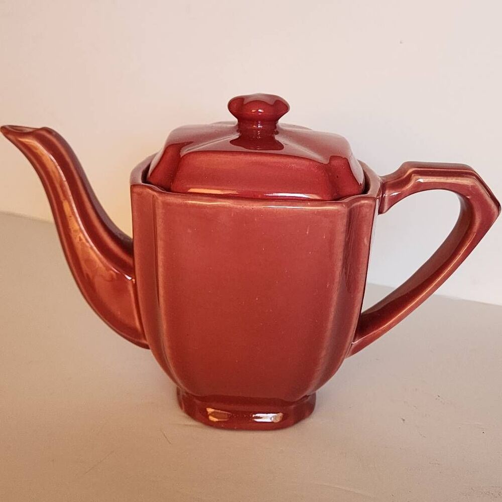 Vintage Hall China Square T-Ball Burgundy Ceramic Art Deco Cubic Design Tea Pot